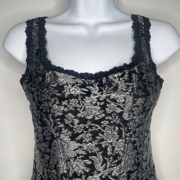 Vintage Y2K Cache Cami Camisole Tank Top Size S Black Silver Knit Floral Brocade - Picture 2 of 8